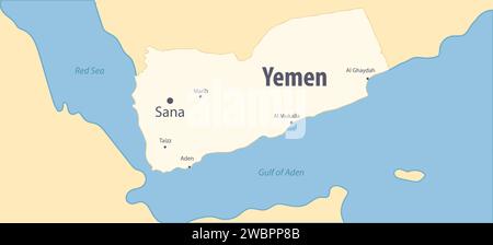 Carte du Yémen avec les principales villes Sana et Mer Rouge. Frappe Houthis au Yémen illustration. Carte colorée de la région du Yémen avec d'autres terres. Illustration de Vecteur