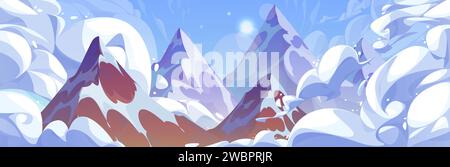 Paysage de montagne rocheuse avec des nuages. Illustration de dessin animé vectoriel de pics de style anime recouverts de neige et de glacier au-dessus du paysage nuageux céleste, lumière du soleil étincelante dans le ciel bleu, air givré Illustration de Vecteur