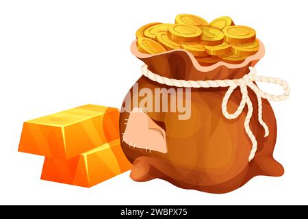 Sac avec des pièces d'or, pile de briques d'or, Trésor brillant dans l'actif de jeu de style dessin animé isolé sur fond blanc. Illustration vectorielle Illustration de Vecteur