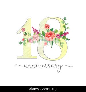 Motif de style croquis numéro 18 avec des éléments floraux. Joyeux 18e anniversaire icône créative avec des roses vintage. Modèle graphique. Logo mignon. 18 ans Illustration de Vecteur