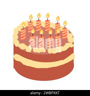 Gâteau de dessin animé dessiné à la main avec de la crème et des bougies. Illustration vectorielle isolée. Illustration de Vecteur