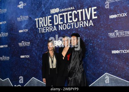 Mexico, Mexique. 11 janvier 2024. Jodie Foster, Issa Lopez et Kali Reis sont présents sur le tapis bleu pour la première série télévisée ''True Detective : Night Country'' de HBO au Cineteca Nacional à Mexico, Mexique, le 11 janvier 2023. (Photo de Carlos Tischler/Eyepix Group) (photo de Eyepix/NurPhoto) crédit : NurPhoto SRL/Alamy Live News Banque D'Images