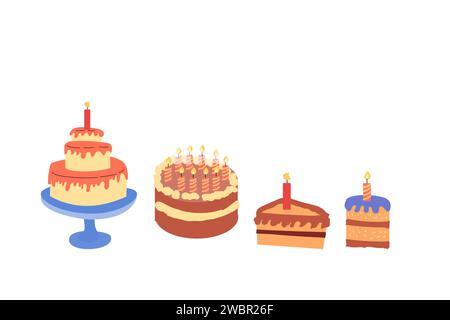 ensemble de collection de gâteaux pour les vacances d'anniversaire. Illustration vectorielle isolée. Vector Set de différents gâteaux avec des bougies. Illustration de Vecteur