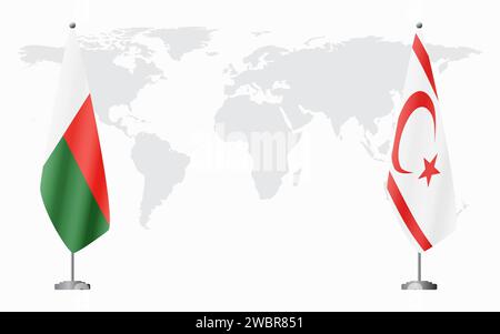 Madagascar et la République turque de Chypre du Nord drapeaux pour réunion officielle sur fond de carte du monde. Illustration de Vecteur