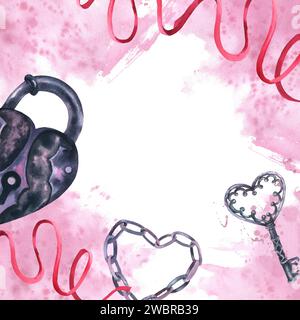 Illustration d'aquarelle, cadre de cristal de diamant de coeur en pierre précieuse de couleur rose avec serrure et clé sur le ruban. Dessiné à la main d'isolat décoratif de bijoux Banque D'Images