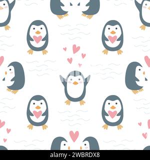 Pingouins dans l'amour modèle sans couture pour la Saint Valentin. Fond de personnages mignons romantiques. Bébés pingouins pour le textile, l'emballage, la conception, dessiné à la main Illustration de Vecteur