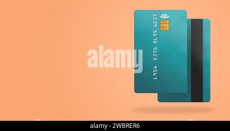 Bannière de cartes de crédit réalistes en fond de couleur Peach Fuzz. Maquette de cartes de crédit. Rendu 3D. Conception d'ilustration avec espace vide pour le texte. Banque D'Images