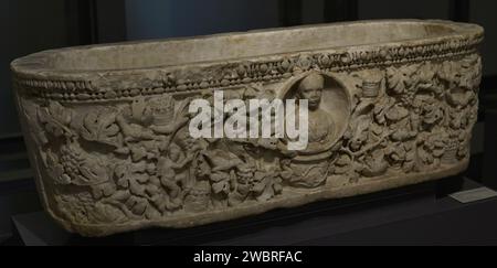 Sarcophage de la vendange. En forme de baignoire ou de presse-raisin, sa décoration représente un vignoble. Le médaillon central montre un buste de la défunte, apparemment une jeune fille. Marbre blanc. 3e siècle AD. Dimensions : 1,18 M. (longueur), 0,45 M. (largeur) et 0,35 M. (hauteur). De l'ancienne paroisse de Castanheira do Ribatejo. Trouvé à Vila Franca de Xira (district de Lisbonne, Portugal) en 1944. Musée national d'archéologie. Lisbonne, Portugal. Banque D'Images