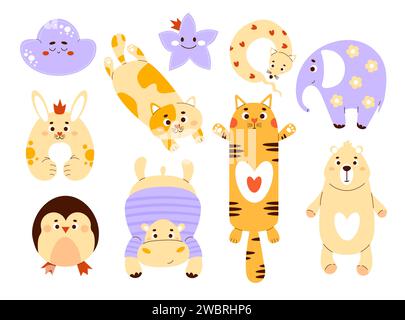 Jouets animaux mignons en peluche. Coussins de jouets doux et larges, anti-stress, douillets - chat, ours en peluche, éléphant, pingouin, hippopotame et oreiller de cou de lapin Illustration de Vecteur