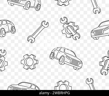 Voiture, engrenage et clé, fond vectoriel sans couture et motif. Transport, transport, roue dentée, roue dentée et clé, conception vectorielle Illustration de Vecteur