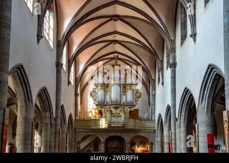 Innenraum und Orgel der Römisch-katholischen Kirche St-Grégoire oder St. Gregor in Ribeauville, Elsass, Frankreich | catholique Romaine St Gregory chu Banque D'Images