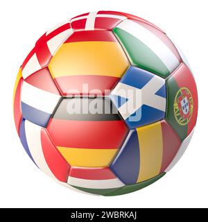 Ballon de football avec les drapeaux de plusieurs des pays qualifiés pour le Championnat d'Europe en 2024 en Allemagne. Isolé sur blanc Banque D'Images