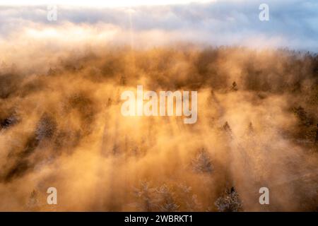 Sonnenaufgang über den Wolken Die Höhenlagen des Taunus rund UM den Großen Feldberg ragen am Morgen aus einem Nebelmeer, Teile der Landschaft sind mit Raureif bedeckt., Schmitten Hessen Deutschland *** lever de soleil au-dessus des nuages le matin, les hauteurs du Taunus autour du Großer Feldberg se lèvent d'une mer de brouillard, des parties du paysage sont couvertes de frise, Schmitten Hesse Allemagne Banque D'Images