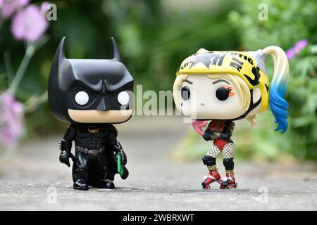 Funko Pop figurines d'action de DC comics super-héros Batman et Harley Quinn debout sur la route asphaltée dans le parc de printemps, herbe verte, fleurs roses. Banque D'Images