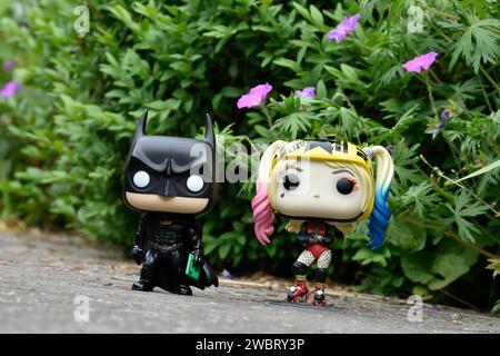 Funko Pop figurines d'action de DC comics super-héros Batman et Harley Quinn debout sur la route asphaltée dans le parc de printemps, herbe verte, fleurs roses. Banque D'Images