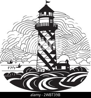 Vecteur ornemental phare décoratif traditionnel à la mer illustration. Logo de phare de mythologie historique abstraite. Bon pour l'impression ou le tatouage. Illustration de Vecteur