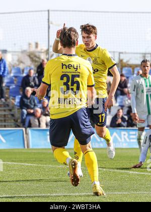 San Pedro Del Pinatar, Espagne. 12 janvier 2024. Casper Terho (17 ans) de l’Union Saint-Gilloise célèbre son but (0-2) lors d’un match amical entre le FC St Gall et la Royale Union Saint-Gilloise le vendredi 11 janvier 2024 à San Pedro Del Pinatar, en Espagne. Crédit : Sportpix/Alamy Live News Banque D'Images