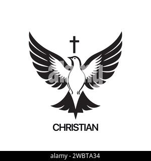 Christian logo modèle avec colombe, pigeon. Symbole de l'esprit Saint chrétien noir et blanc Illustration de Vecteur