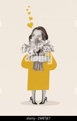 Collage vertical affiche d'image créative debout jeune femme heureuse tenir des fleurs amoureux cadeau petit ami surprise dessin fond Banque D'Images