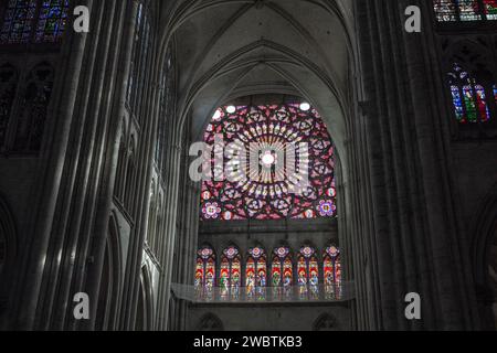 La rosace du transept sud de la cathédrale gothique Saint-Pierre et Saint-Paul à Troyes, France. Banque D'Images