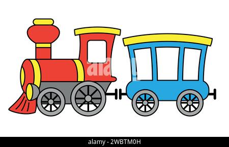 train à vapeur - illustration vectorielle de bande dessinée en couleur de locomotive à vapeur et voiture de chemin de fer de passagers, isolé sur blanc Illustration de Vecteur