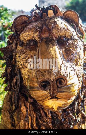 Détail d'une statue d'un lion--son visage semble être fait d'éléments naturels, recouvert de gomme laque Banque D'Images