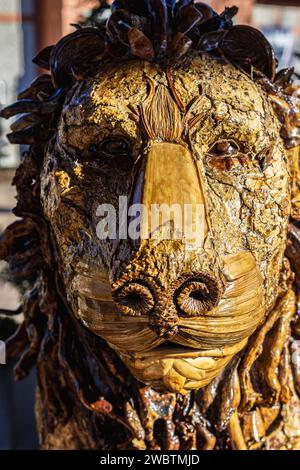 Détail d'une statue d'un lion--son visage semble être fait d'éléments naturels, recouvert de gomme laque Banque D'Images