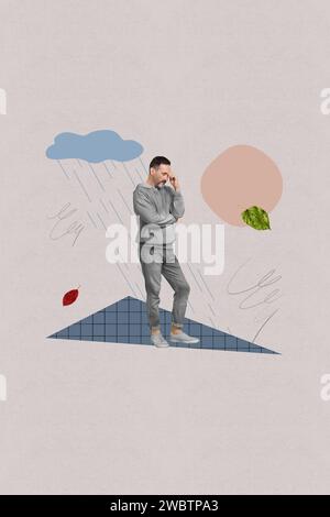 Affiche d'image de collage vertical créatif solitaire triste jeune homme debout se sent déprimé sous le fond de dessin de temps d'automne Banque D'Images