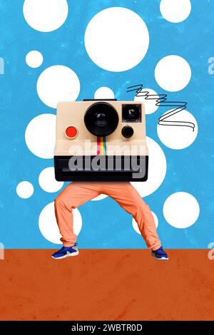 Creative rétro 3d magazine image collage de vintage moment caméra marchant jambes de gars isolé fond coloré Banque D'Images