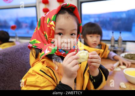 (240112) -- HARBIN, 12 janv. 2024 (Xinhua) -- Un enfant de la région autonome de Guangxi Zhuang dans le sud de la Chine montre une boulette fabriquée par elle-même dans le train K7042, un train qui part de Mohe en direction de Harbin dans la province de Heilongjiang dans le nord-est de la Chine, le 5 janvier 2024. Ces enfants mignons sont surnommés « petites mandarines à sucre » (une spécialité du Guangxi) par les internautes chinois. Onze enfants d'âge préscolaire de Nanning, la capitale de la région autonome de Guangxi Zhuang, dans le sud de la Chine, ont capturé le cœur des internautes chinois alors qu'ils embarquent pour un voyage de camp « courageux » dans le nord-est de la Chine, une région r Banque D'Images