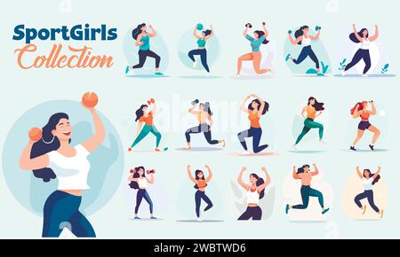 Ensemble de jeunes femmes en forme physique. Illustration vectorielle de filles de sport. Illustration de Vecteur