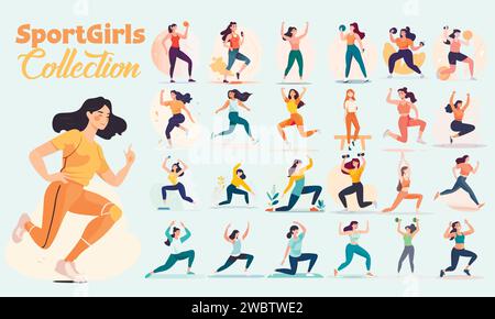 Ensemble de jeunes femmes en forme physique. Illustration vectorielle de filles de sport. Illustration de Vecteur