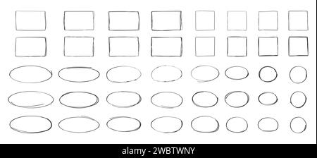 Carrés, ovales, cercle, vecteur grunge défini dans le style d'esquisse. Contour des cadres rouges Illustration de Vecteur