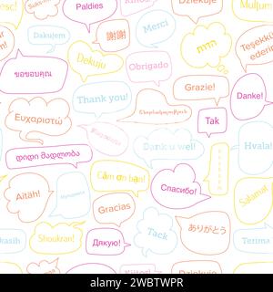 Thank you text in different languages. Seamless hand drawn pattern with bubble speech Illustration de Vecteur