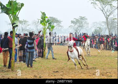 12 janvier 2024 Sylhet-Bangladesh : un concours de chevaux ruraux a été organisé par les villageois de Sauder Gaon, Union de Jawabazar, Chatak Thana, district de Sunamganj de la division de Sylhet. Environ 50-60 chevaux de Chatak Thana ont participé à cette compétition. Ce jeu est organisé chaque année par les villageois dans la saison d'hiver après la récolte de paddy est terminée dans le mois du calendrier bengali d'Agrahayan pour maintenir la culture des jeux ruraux traditionnels. Le 12 janvier 2024 Sylhet, Bangladesh (crédit image : © MD Rafayat Haque Khan/eyepix via ZUMA Press Wire) USAGE ÉDITORIAL SEULEMENT! Pas pour commercial Banque D'Images