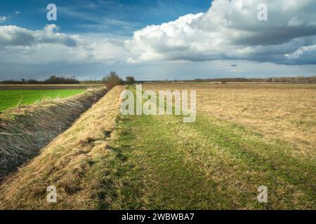 Canal de drainage à côté d'un chemin de terre dans un champ et ciel nuageux, printemps dans l'est de la Pologne Banque D'Images