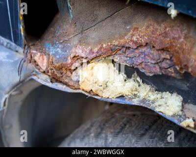 Utiliser de la mousse de polyuréthane pour remplir les vides d'une aile rouillée de voiture Banque D'Images