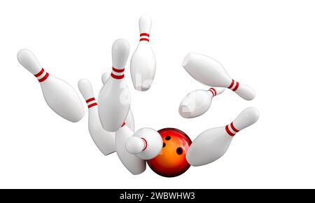 boule frappant des quilles de bowling isolé sur blanc. rendu 3d. Banque D'Images