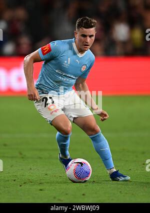 Parramatta, Australie. 12 janvier 2024. Alessandro Lopane du Melbourne City FC vu en action lors du match Unite Round de la saison 2023/24 de la Ligue A entre le Melbourne City FC et le Western Sydney Wanderers FC au CommBank Stadium. Score final ; Western Sydney Wanderers 1:0 Melbourne City FC. (Photo Luis Veniegra/SOPA Images/Sipa USA) crédit : SIPA USA/Alamy Live News Banque D'Images