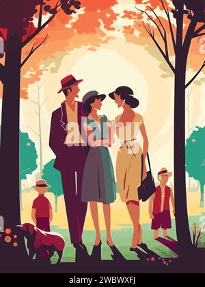 Bonne famille à pied dans le parc. Affiche de style rétro. Illustration vectorielle. Illustration de Vecteur