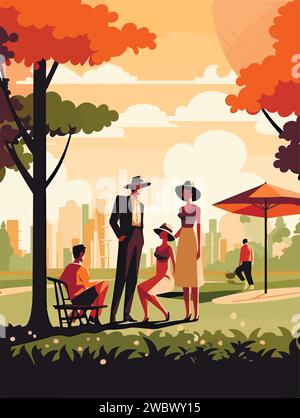 Bonne famille à pied dans le parc. Affiche de style rétro. Illustration vectorielle. Illustration de Vecteur