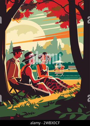 Bonne famille à pied dans le parc. Affiche de style rétro. Illustration vectorielle. Illustration de Vecteur