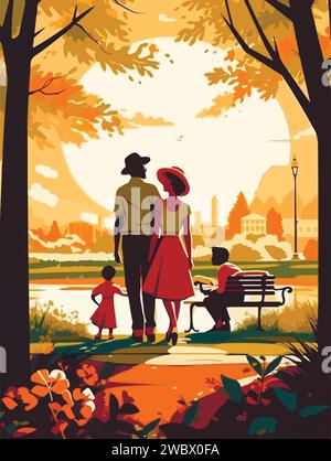 Bonne famille à pied dans le parc. Affiche de style rétro. Illustration vectorielle. Illustration de Vecteur