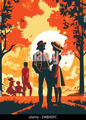 Bonne famille à pied dans le parc. Affiche de style rétro. Illustration vectorielle. Illustration de Vecteur