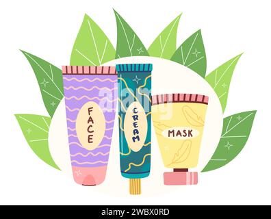 Set cosmétique de produits de soin de la peau. Cosmétiques naturels pour la peau et le corps dans des bouteilles colorées, des tubes. Illustration vectorielle à plat. Doodle à dessin à la main tendance Illustration de Vecteur
