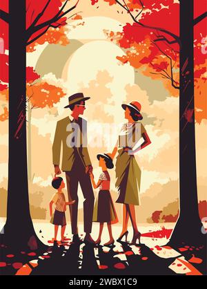 Bonne famille à pied dans le parc. Affiche de style rétro. Illustration vectorielle. Illustration de Vecteur