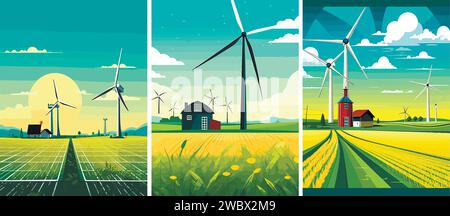 Illustration vectorielle des éoliennes et des moulins à vent. Un paysage avec greenfields et turbines qui transforme l'énergie cinétique dans le vent en m Illustration de Vecteur