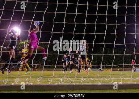 Sydney, Australie. 12 janvier 2024. La gardienne de but Rylee Foster du Phoenix attrape le ballon lors du match RD12 de La A-League entre Wellington Phoenix et Central Coast Mariners à Leichhardt Oval le 12 janvier 2024 à Sydney, Australie Credit : IOIO IMAGES/Alamy Live News Banque D'Images
