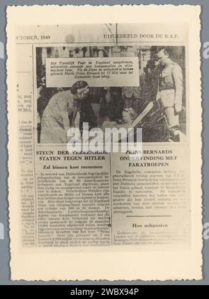 Production photographique d'un rapport de journal avec une photo de la princesse Juliana, du prince Bernhard et de la princesse Beatrix, après 1940 photographie support photographique gélatine tirage argenté princesse couronne. prince. princesse Banque D'Images