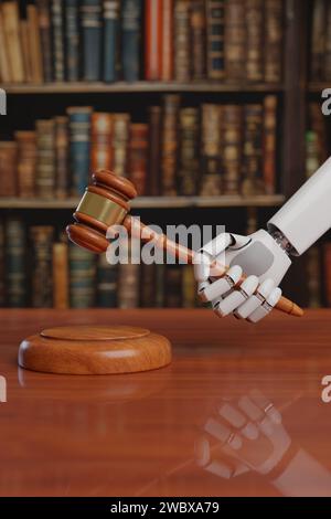 Main robotisée avec marteau en bois. Concept de réglementation des nouvelles technologies. illustration 3d. Banque D'Images